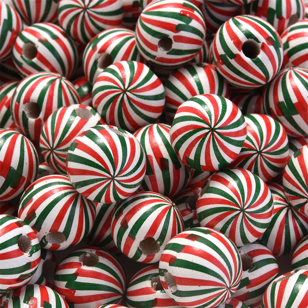 10 Stück 16mm Weihnachts-Holzperlen Rot-Grün Gestreift Pfefferminz-Wirbel-Abstandsperlen für Feiertagsgirlanden DIY Handwerk Schmuckherstellung – Detail 9