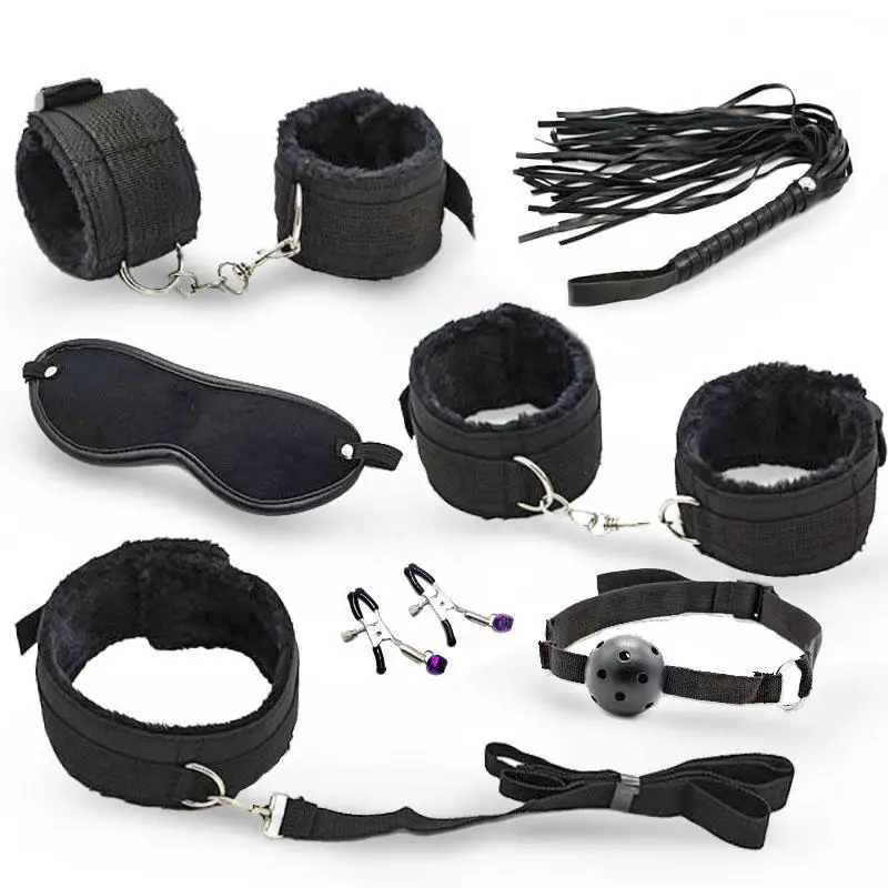 7 pcs/set Sex BDSM Bondage Restraint Kit Handcuffs Collar Gag Mask Whip Adult Sex Toys for Couple