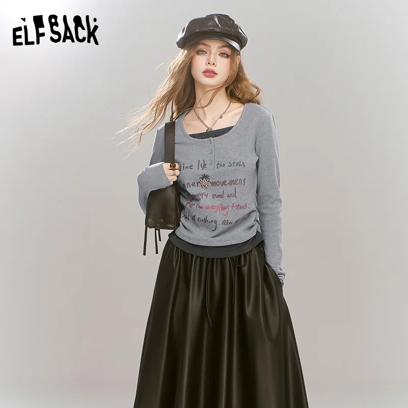 

ELFSACK 2024 Winter New Arrivals Casual Versatile Letter Printed Grey Fake Two piece Long Sleeve Slimming T-shirt for Women's Ca