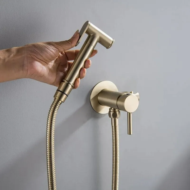 ABUG-Elegant Bathroom Solution-Brass Matte Gold Finish Hbidet Mixer With Hygienic Shower, Hot/Cold Water