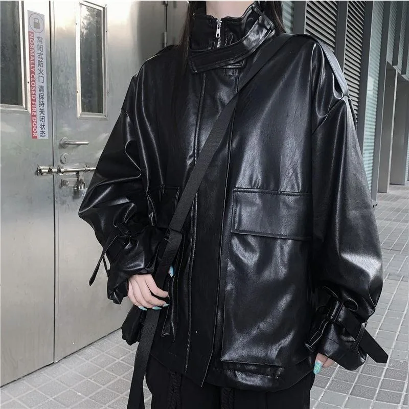 Women's Jacket Vintage Leather Design Drawstring Coat Spring Zipper Loose Long Sleeves Outwear Spliced Big Pocket Women Clothing
