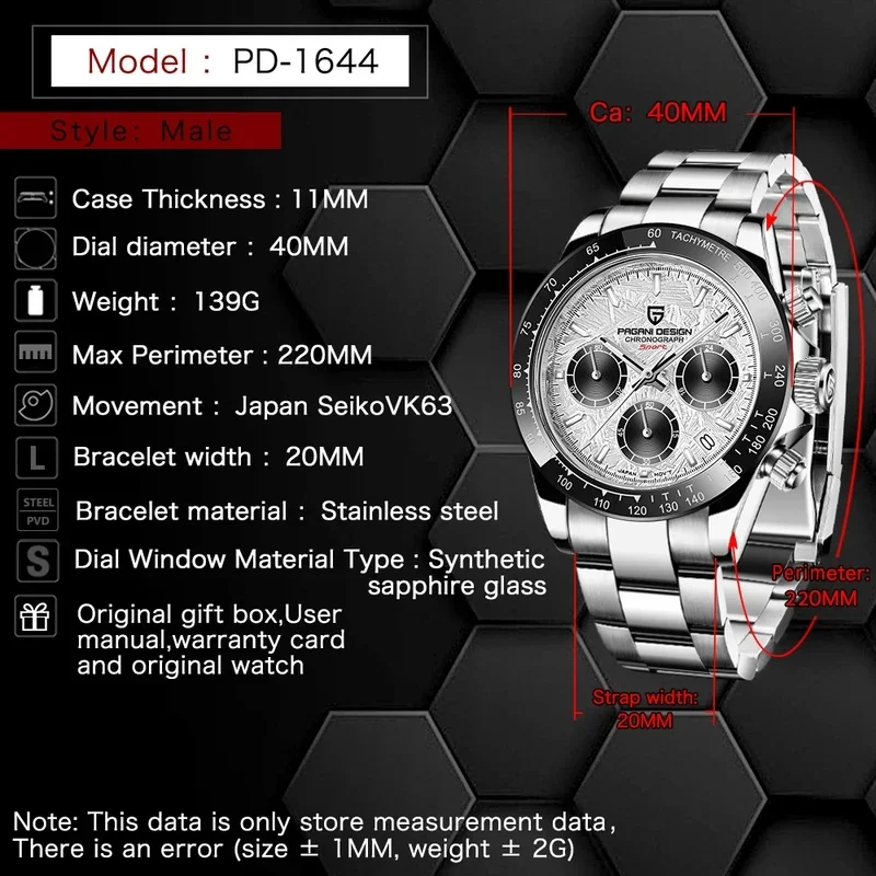 PAGANI DESIGN 2026 New PD-1644 Meteorite Dial Fashion Men Quartz Wristwatches 100M Sapphire Glass Chronograph relogio masculino