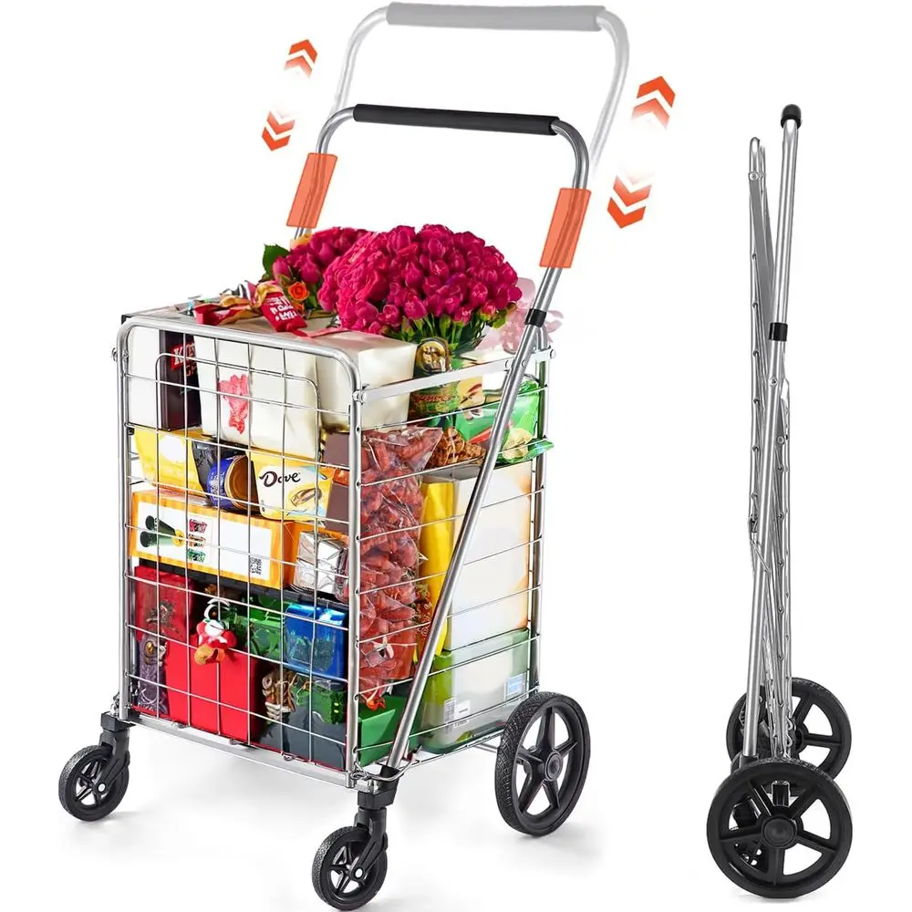 

olding Grocery Cart with Wheels – Heavy Duty Utility Cart with Upgraded Steel e, Extra Large Basket, Adjustable Padded Handle, S