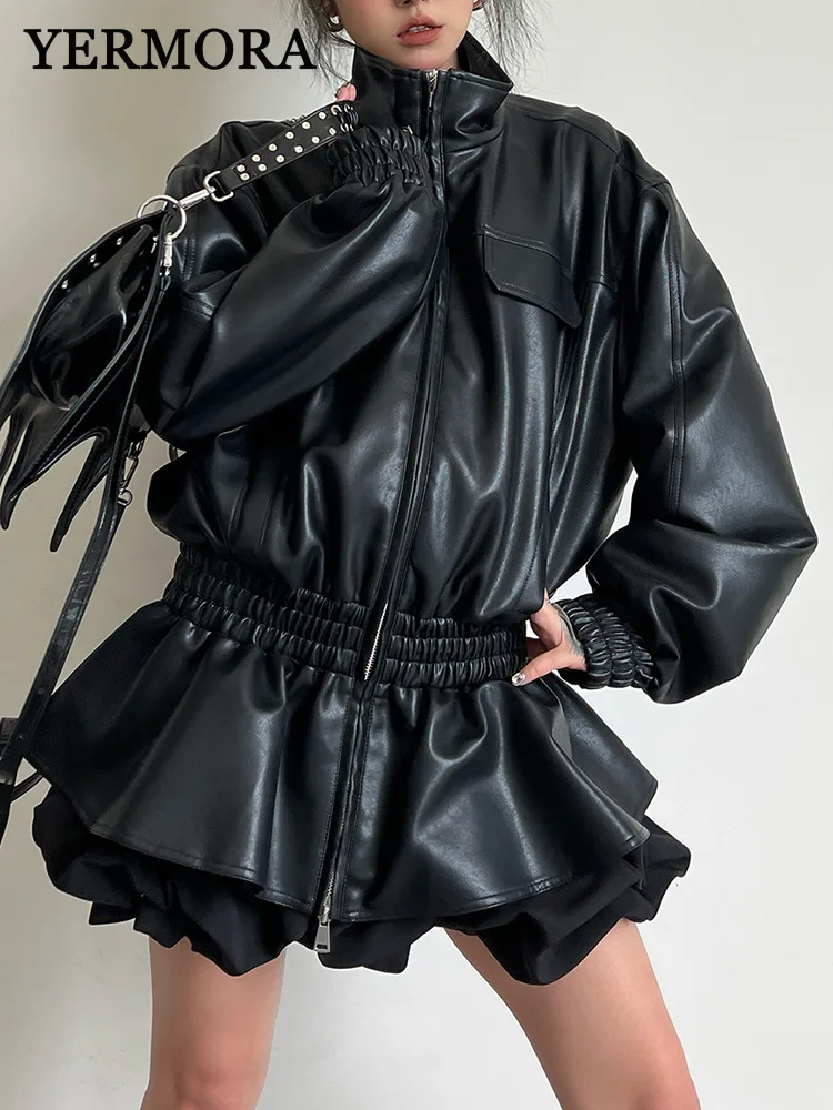 YERMORA Black PU Leather Elastic Waist Ruffles Hem Jacket For Women Long Sleeve Loose New Coat Fashion Tide Spring Autumn 2025