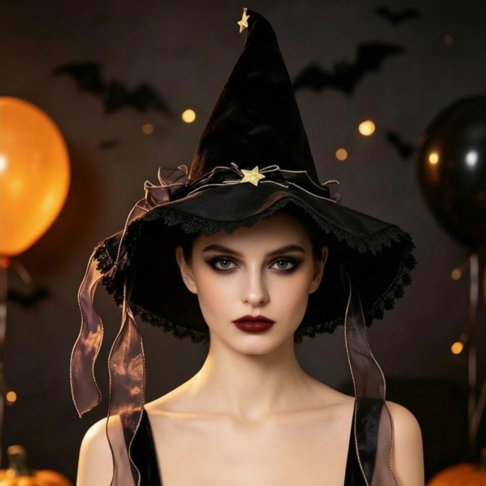 Velvet Witch Hat with Lace Soft Halloween Witch Hat Oversized Secure Fit for Women, Costume Parties, Cosplay