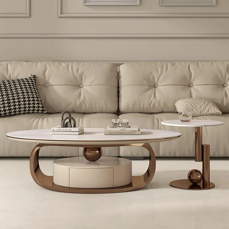 

Light luxury oval coffee table slate top coffee table living room furniture with oak birch drawers