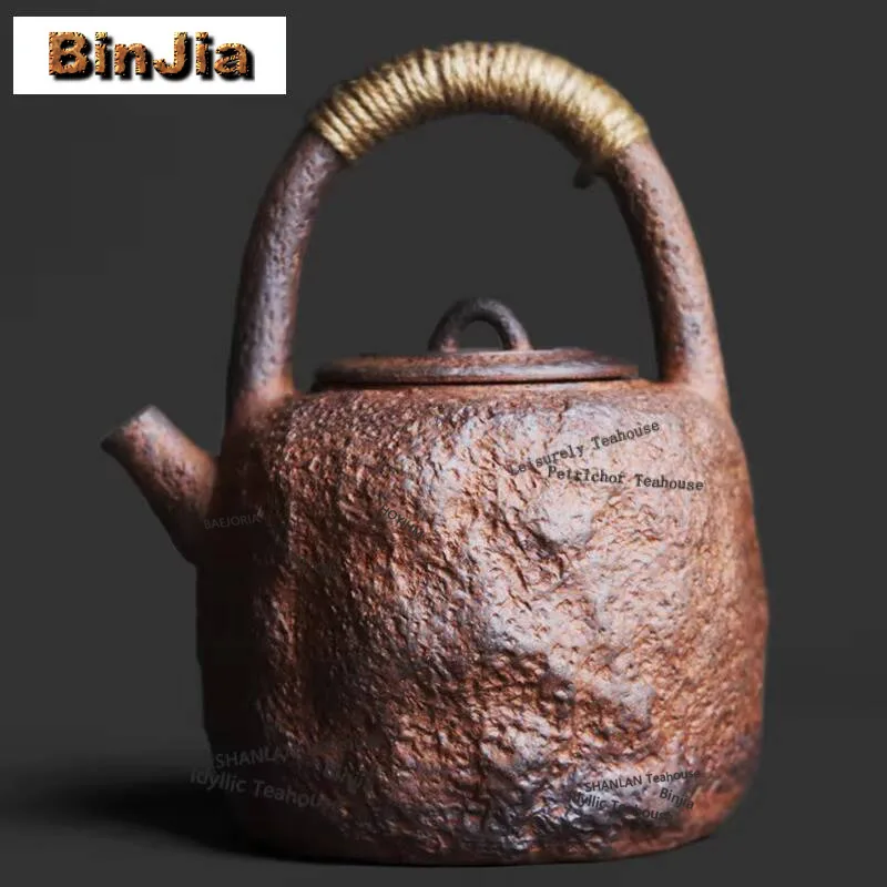 750ml Coarse Pottery Stone Texture Handle Boiling Water Kettle Large Capacity Tea Brewing Pot Yellow Rice Wine Kettle Tea Craft