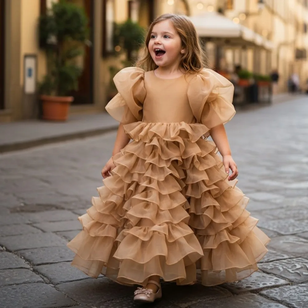 

Champagne Flower Girl Dresses With Short Sleeves Tiered Floor Length Wedding Birthday Party Gowns Chic First Communion Dress