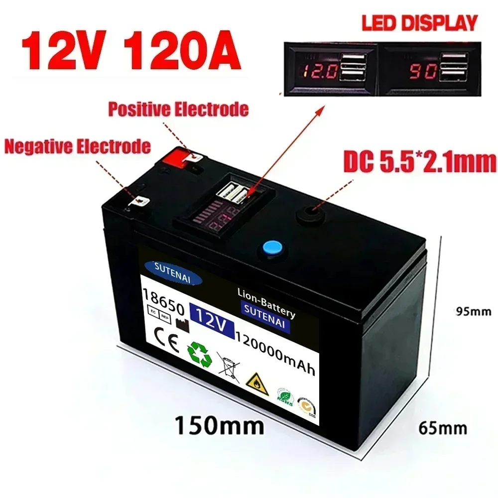 Batería de litio de 12V, 120Ah, 18650, batería recargable para batería de vehículo eléctrico de energía solar + cargador de 12,6 v3A