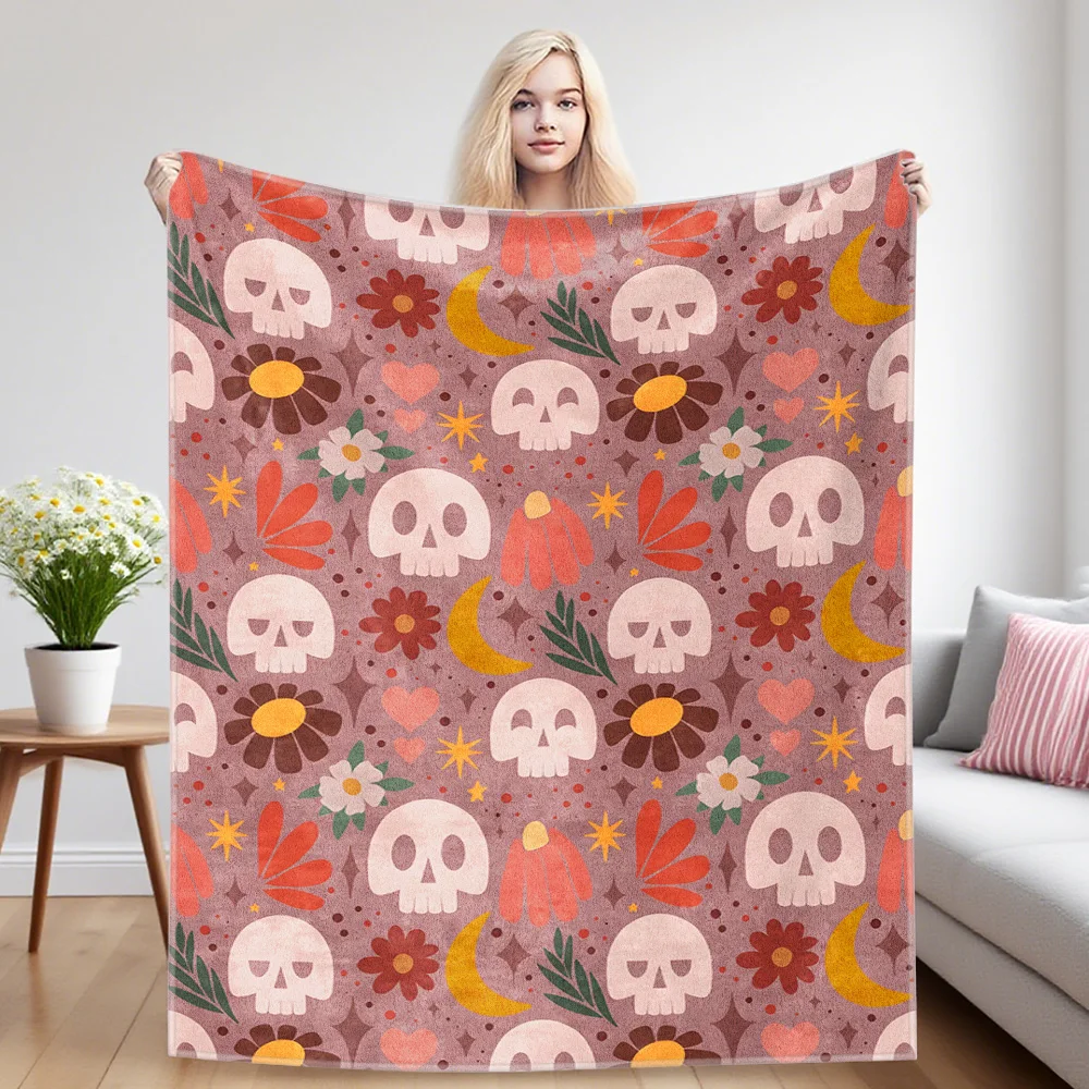Boho Skull Flannel Blanket, Ultra-Fine Fiber, All Season Luxurious Fluffy Blanket Suitable For Beds Or Sofas