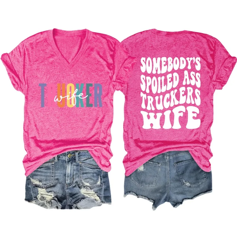 

Футболка с короткими рукавами - Стильный топ с V-образным вырезом и принтом спереди и сзади для женщин.