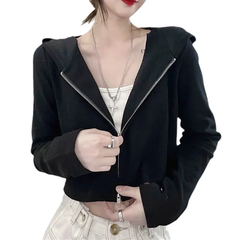 2025 Spring Autumn Hooded Sweatshirt Women's Thin Loose-fit Cardigan Zip-up Top European And American Style