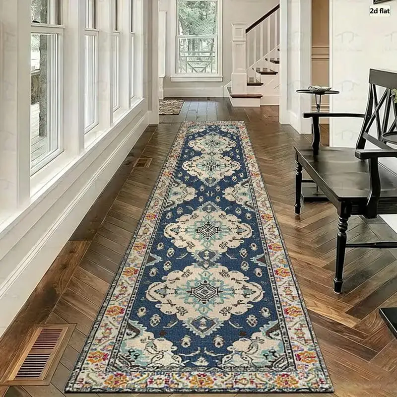 Boho Distressed Blue Medallion Carpet Flooring, Oriental Retro Pattern Area Rug for Home Indoor Floor Decoration