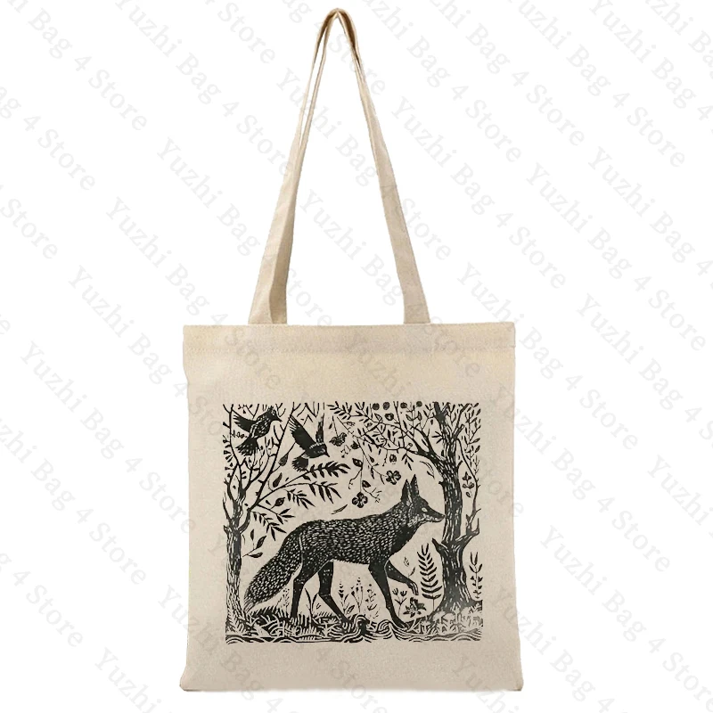 Folklore Forest Fox Lino pattern Tote Bag Canvas Shoulder organizer For Travel Daily Commute Women\'s Reusable Shopping Bags