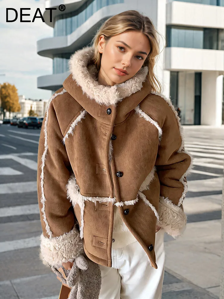 DEAT Fashion Women's Lamb Wool Jackets Hooded PU Leather Drawstring Fur Intergrated Thick Warm Coat Winter 2024 New 7AB6326