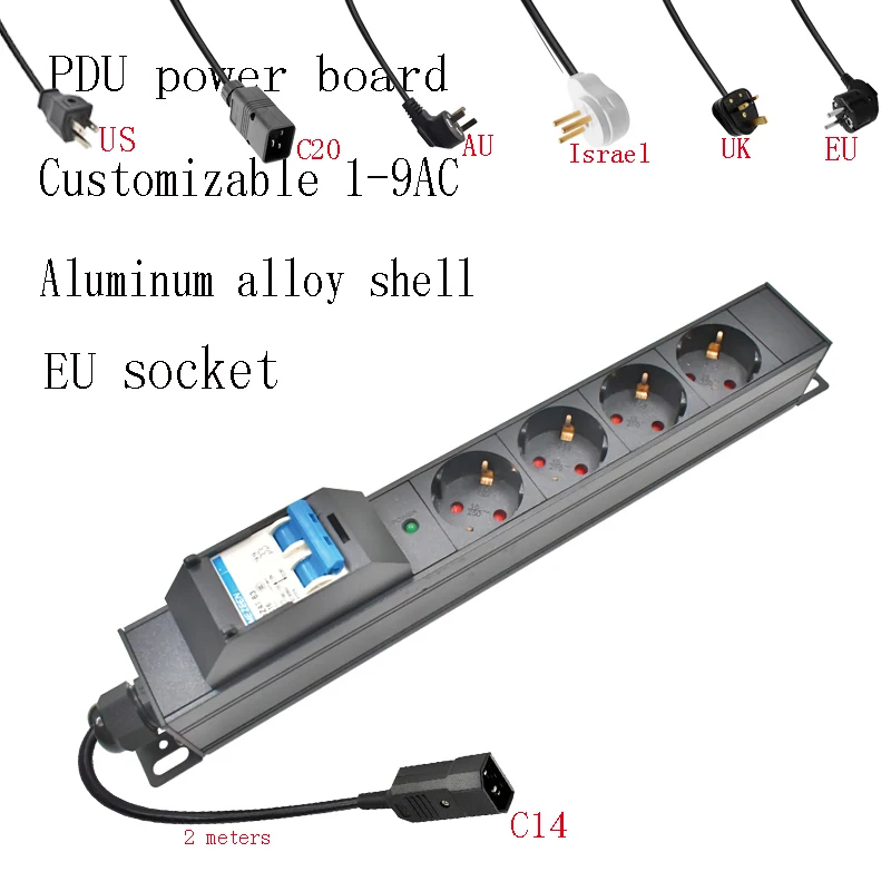 A 2-Meter-Long PDU Power Strip, Equipped with 1-9 EU Power Outlets, Featuring LED Indicator Lights and A 16A/4000W Air Switch