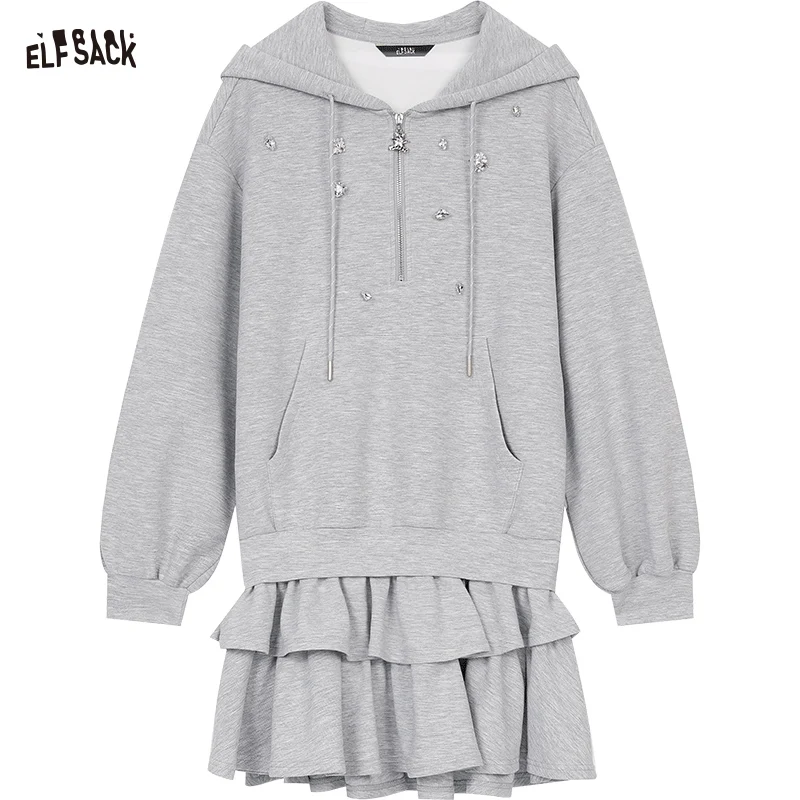 ELFSACK 2025 Spring New Arrivals Diamond Grey Pleated Hoodie Dress Women Sweet Fluffy Dress