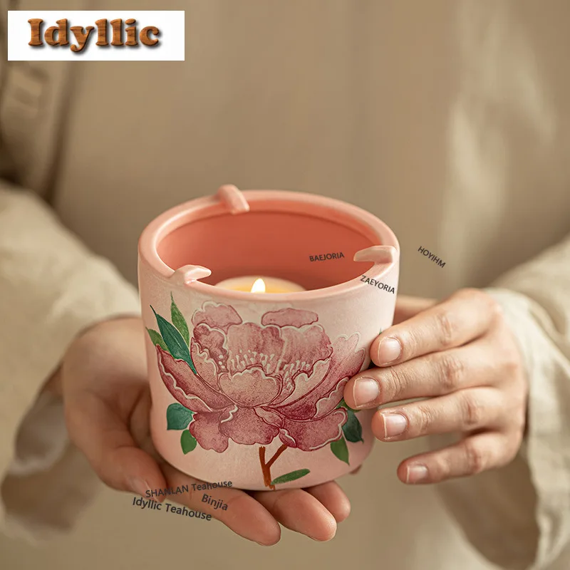 Old Rock Mud Peony Tea Warmer Holder Candle Heater Stove Kettle Stand Boiling Water Carbon Furnace Tea Ceremony Decoration Gifts