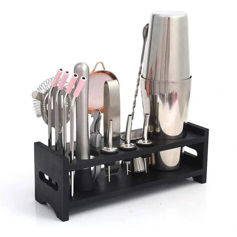 Bartender Kit with Stylish Bamboo Stand, 15 Piece Cocktail Shaker Set for Mixed Drink, Professional Stainless Steel Bar Tool Set