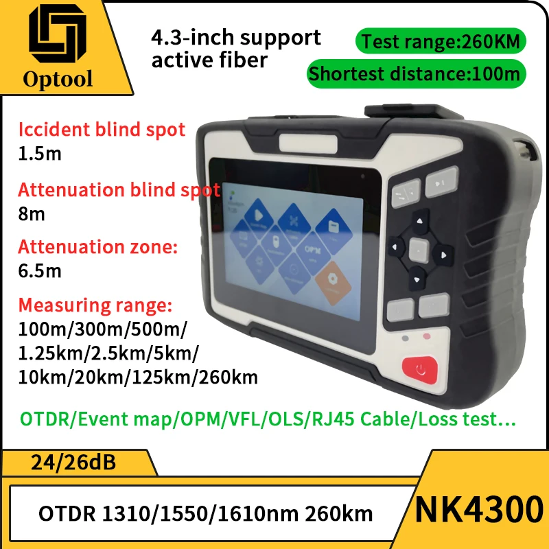 مقياس انعكاس المجال الزمني البصري الصغير OTDR NK4300 1310 1550 1610nm الألياف النشطة RJ45 اختبار مباشر 26 24dB 260K اختبار إيثرنت