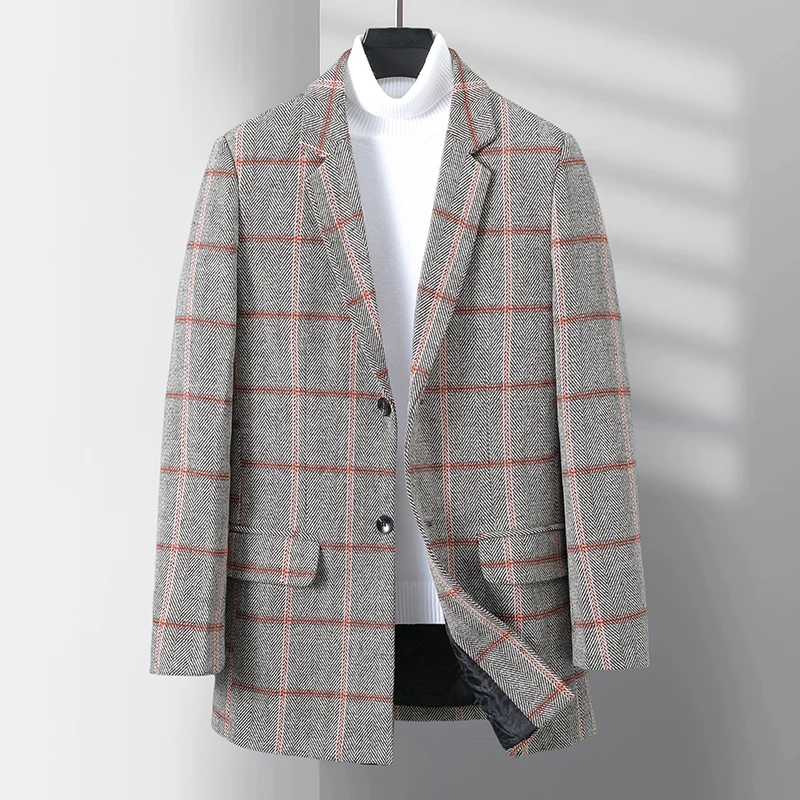 

Casual Men's Mid-Length Plaid Woolen Coats Autumn Winter Business Checker Cotton Thicken Windbreak Outwear Warm Overcoat Jackets