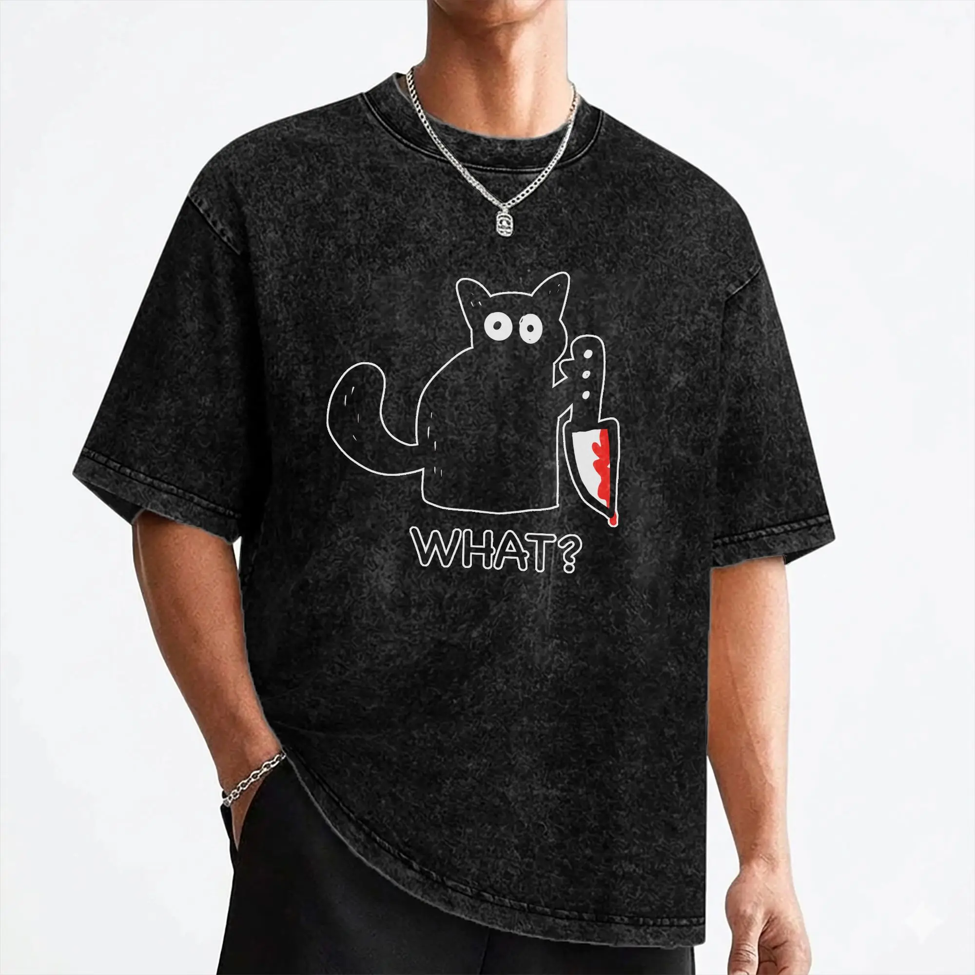 Black Cat With Bloody Knife Washed T Shirt Streetwear Hip Hop Fashion T-Shirts Tees Tops Men Women Short Sleeve Harajuku Graphic
