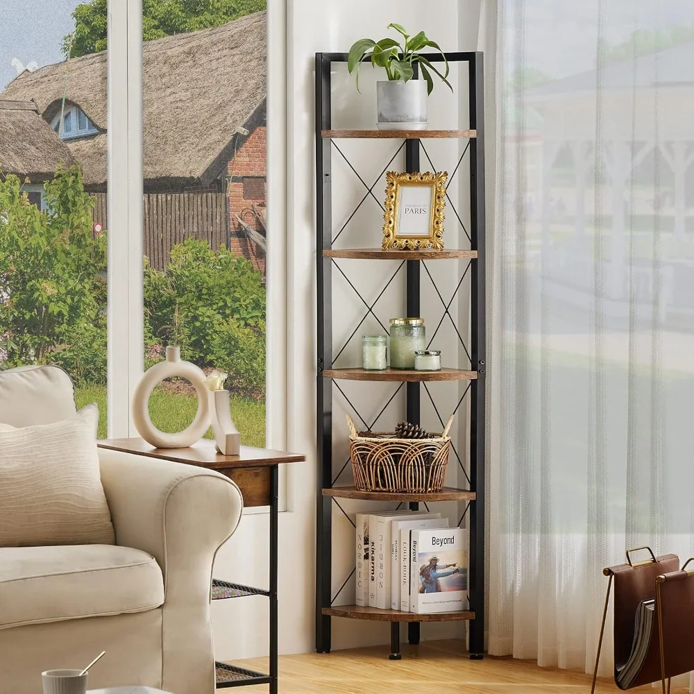 5-Tier Corner Shelf Stand, Tall Corner Bookshelf, Corner Storage Shelves for Living Room, Home Office, Small Space, Brown