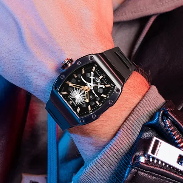 

BONEST GATTI Мужские автоматические часы Tonneau Механические наручные часы Водонепроницаемые светящиеся скелетонизированные циферблаты кокосовой пальмы