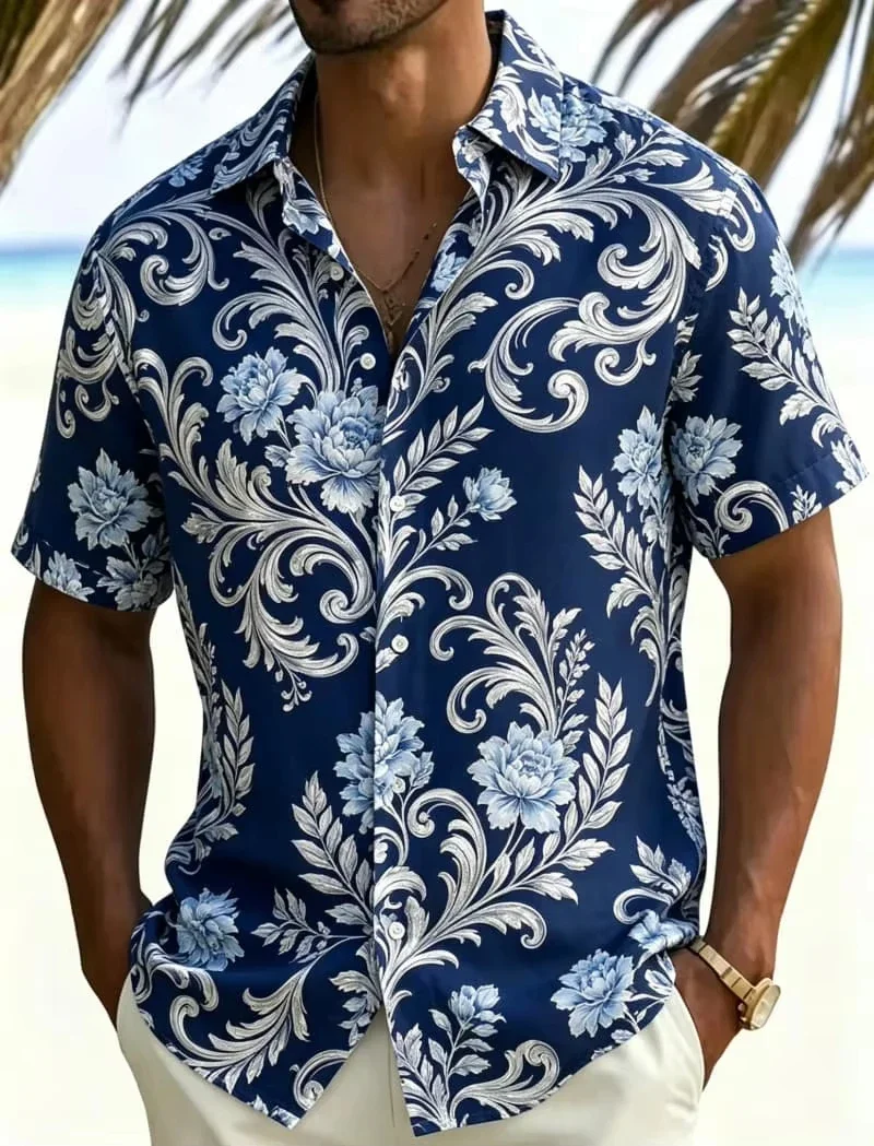 Men's Light Luxury Style Baroque Printed Short Sleeved shirt, Suitable For Timeless Classic Style Dressing And Daily Wear