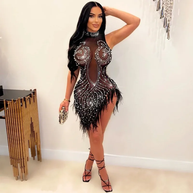 

Sexy Mesh Sheer Pearls Rhinestone Birthday Dress for Women Luxury Night Club Party Prom Dresses Elegant Feathers Mini Dress