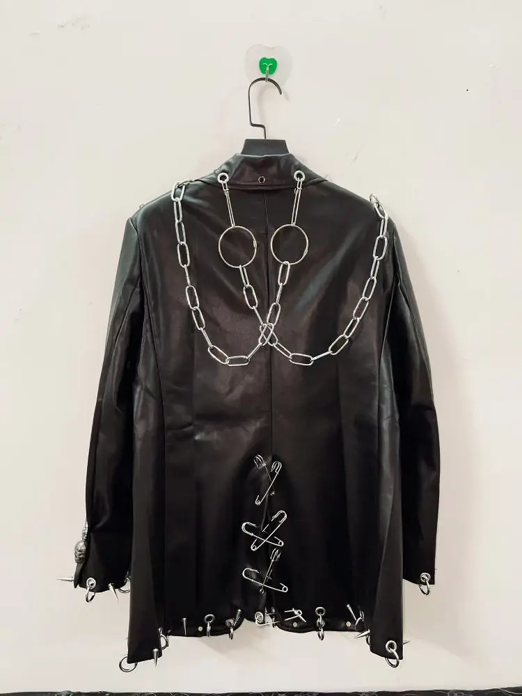 Spring and Autumn New Rock Hip-Hop Style Black Chain Men's PU Leather Jacket Punk Dark Street Performance Outfit