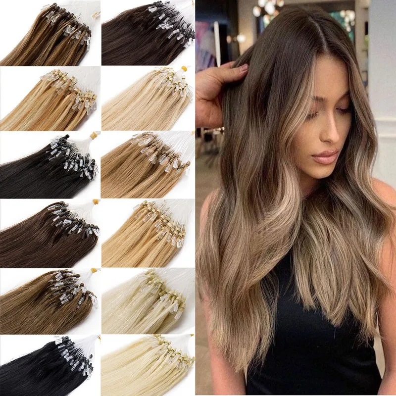 Straight 100% Human Hair Micro Loop Ring Extensions Weft Small Rings For Easy Damage Free Application