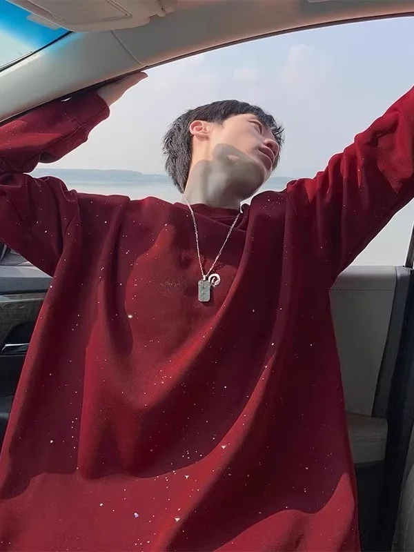 

Мужская футболка большого размера с длинным рукавом, цвета красного вина, с принтом звезд, в американском ретро-стиле, молодежная, осенне-зимняя, для ношения под одеждой