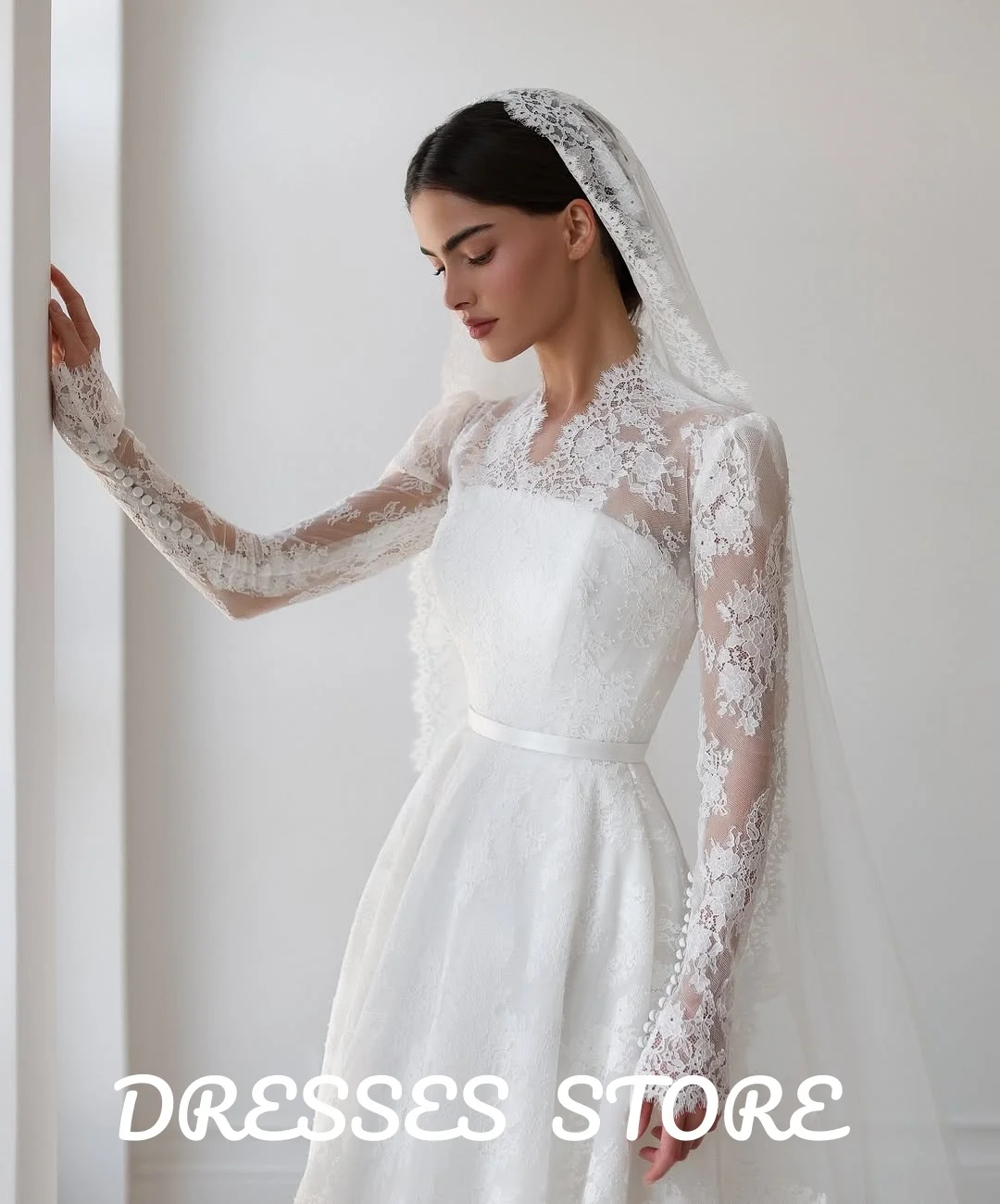 MD Modest A-line Wedding Dresses Bridal Gown Customized V Neck Long Sleeves Exquisite Lace Saudi Bride Dresses Robe De Mariee