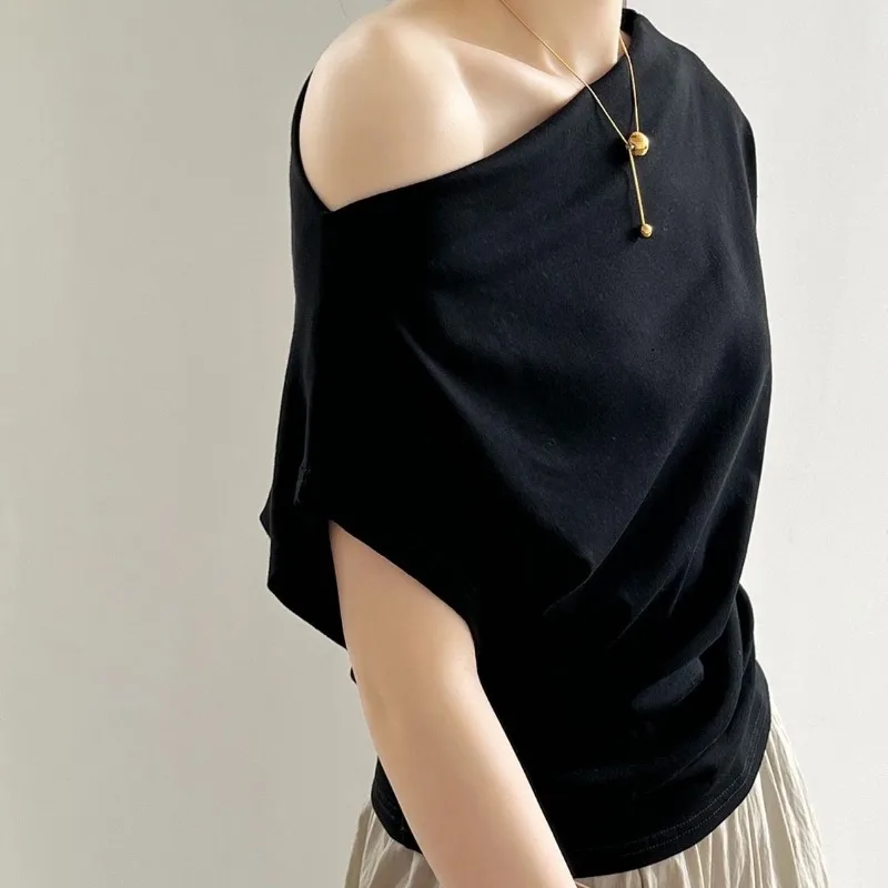 T-shirt con scollo a barchetta per donna elegante Design con spalle scoperte Solid Summer top manica corta moda donna abbigliamento Casual semplice