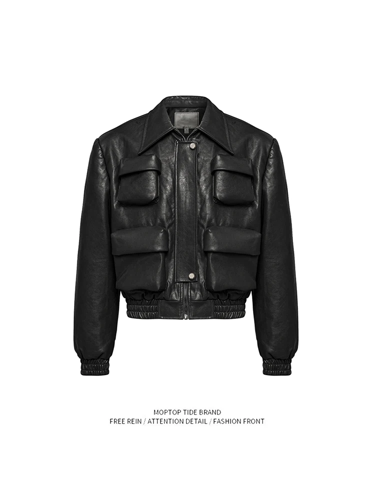 

Trendy ort Casual Men's Leather Jaet Multi-ket ape Design Spring Autumn Loose Fit Outerwear Youth ular Sle