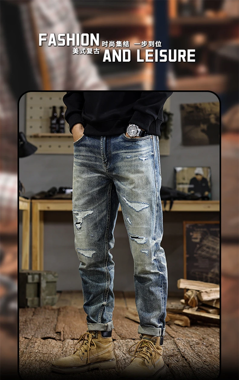 2025 SS Premium Selvedge Ripped Hole Denim Jeans for Men American Vintage High-Street Slim Straight Stretch Tapered Pants