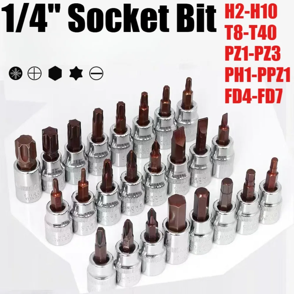 Set di Bussole Esagonali H2-H10 da 1/4'' e Set di Bussole Torx T8-T40, PZ1-PZ3, PH1-PPZ1, FD4-FD7, con Chiave a Cricchetto per Bussole Phillips e a Taglio