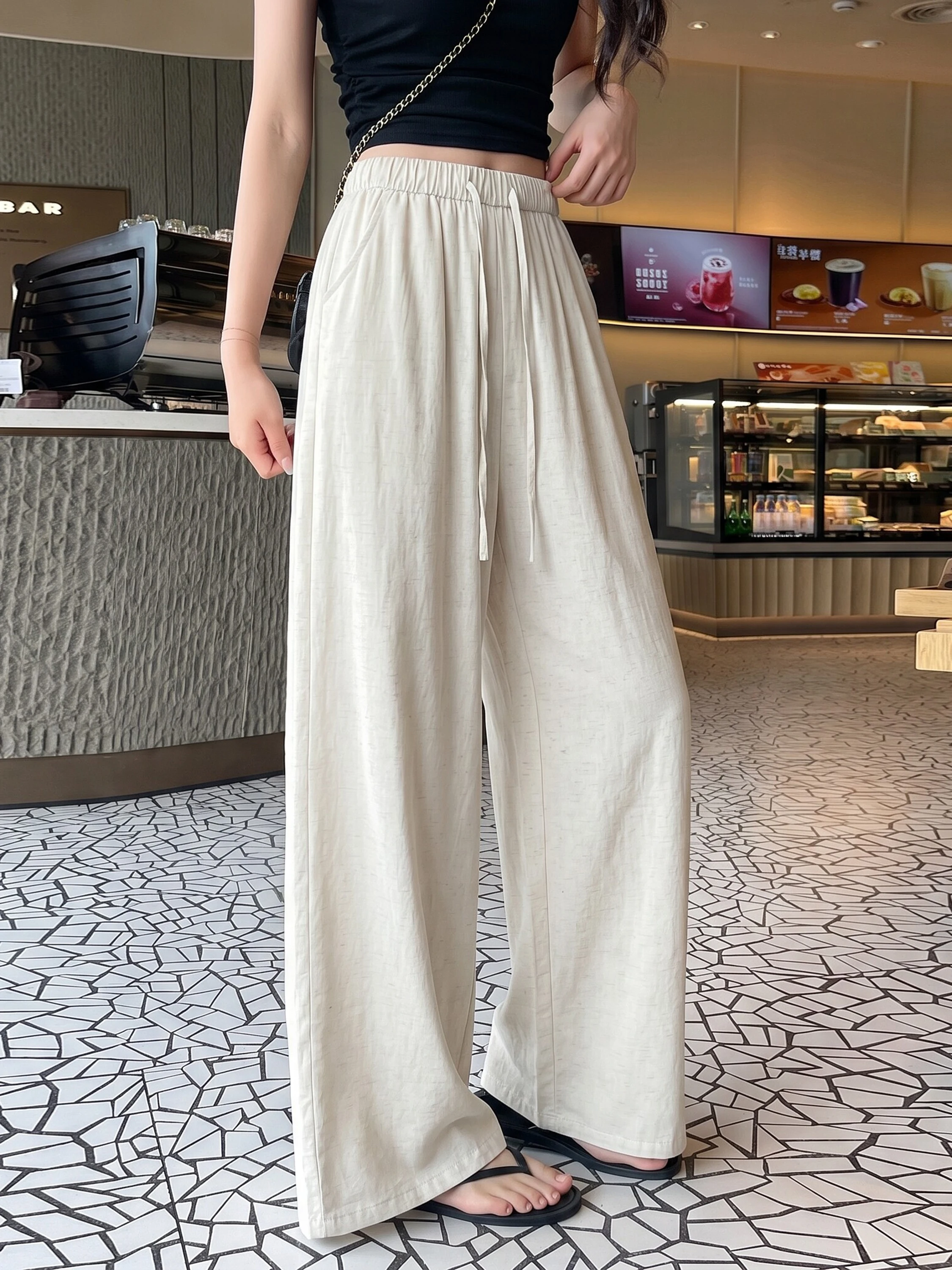 

High Waist Wide Leg Pants Women's Summer Thin Ice Silk Cotton Linen Casual Drapey Floor-Length Pants Korean Style Commute