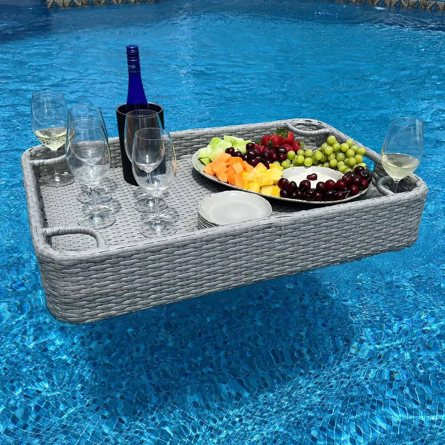 Wicker Floating Tray 36x24 in. Aluminum Frame Pool Accessory - Swimming Floating Serving Tray for Drinks, Snacks