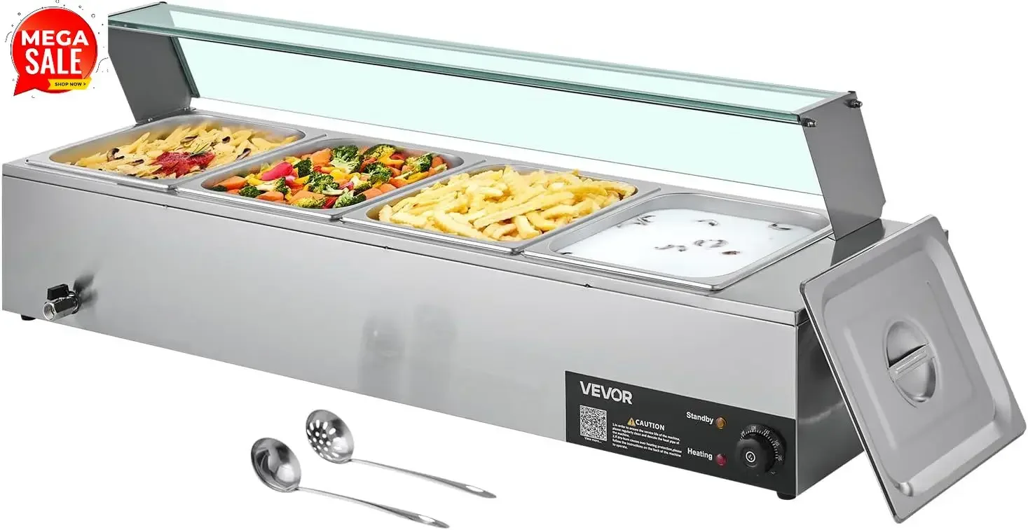 Commercial Food Warmer, 1500W Electric Stainless Steel Steam Food Warmer with Glass Cover, 4-Pan Countertop Buffet Bain Marie wi