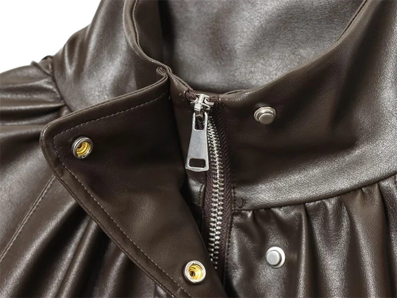 سترة نسائية من الجلد الصناعي ذات تأثير طيار مطوي وياقة نصف عالية وسحاب معطف خريفي كاجوال لراكبي الدراجات النارية #5