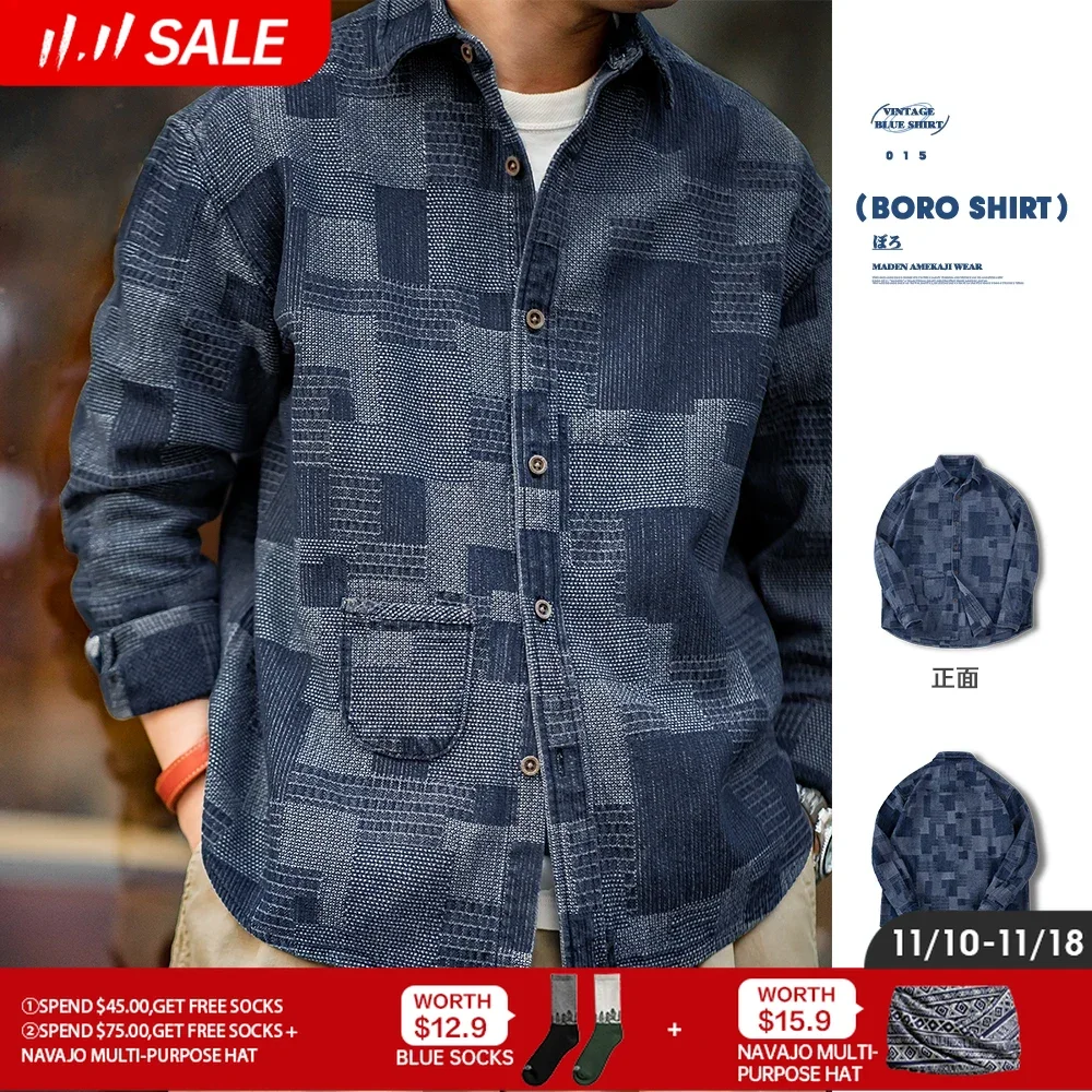 

Maden Japanese Retro Boro Denim Shirts for Men Jacquard Patchwork Long-Sleeve Button Down Shirt Jacket Oversize Spring Outerwear