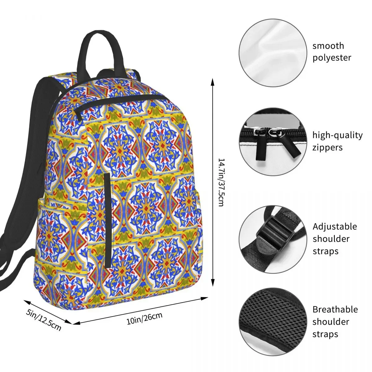 Portuguese Azulejo Tiles. 3 Backpack Student BookBag Children School Bag Laptop Shoulder Bags Men Women