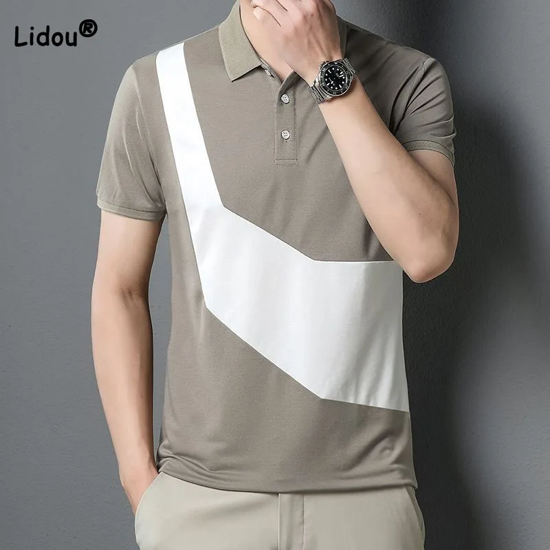 

Korean Casual Men's Contrast Color Short Sleeve T-shirt 2023 Trend Summer Male Clothes Comfortable All-match Polo-Neck Shirts