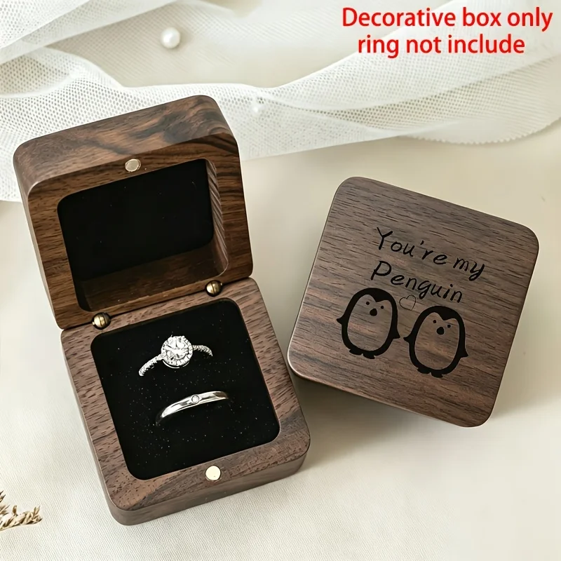 2D Wooden Ring Box You Are My Penguin Design Adorable Organizer Portable Keepsake Proposals Wedding Jewelry Storage Anniversary