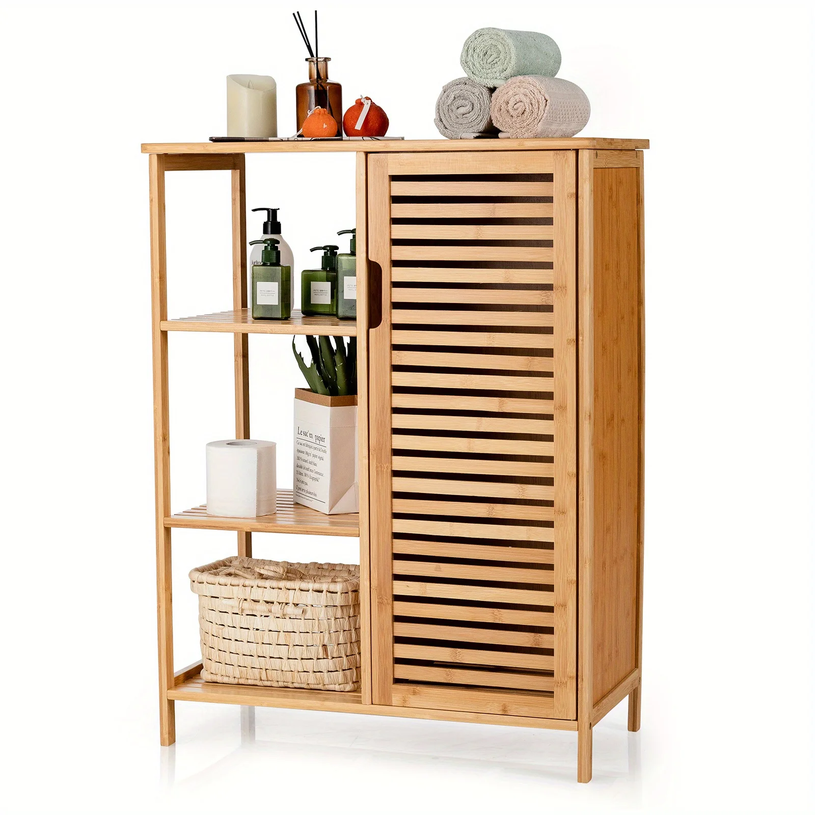 

Bathroom Cabinet Bamboo Storage Floor Cabinet w/ Single Door & 3 Open Shelves