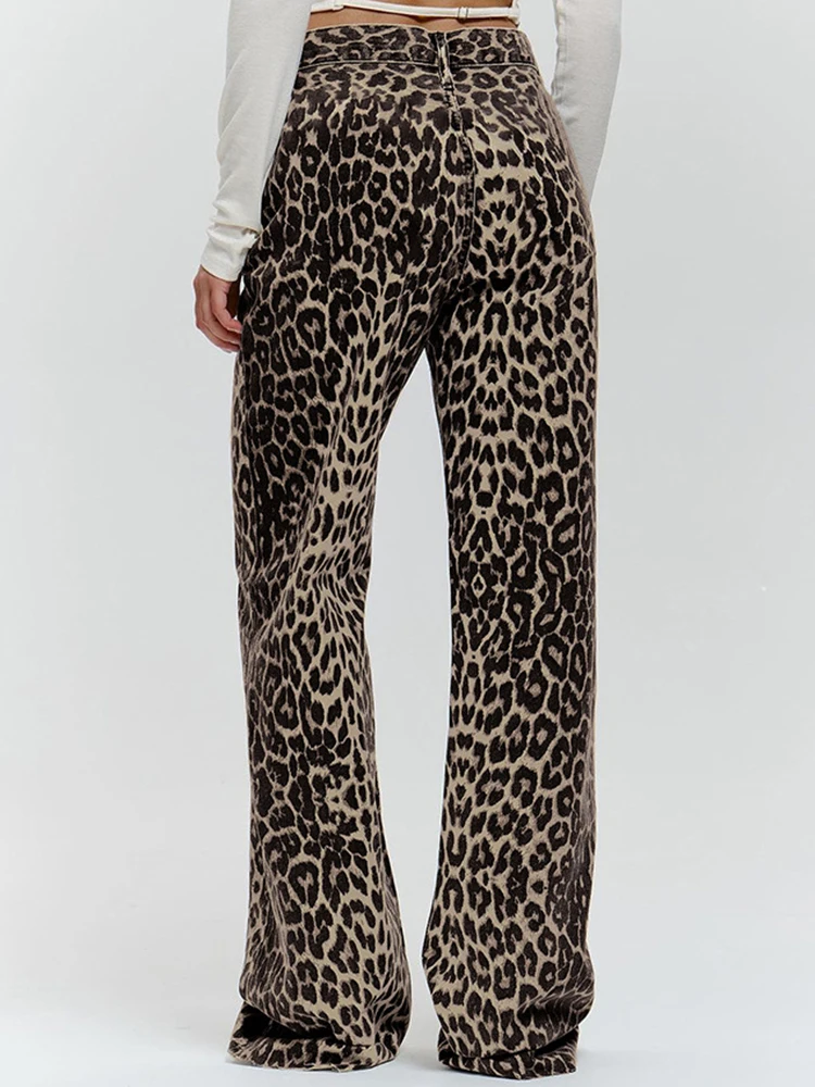 DEAT Fashion Women's Leopard Pants Low Waist Pockets Cotton Slim Full-length Streetwear Flare Trouser Autumn 2025 New 7AB4753