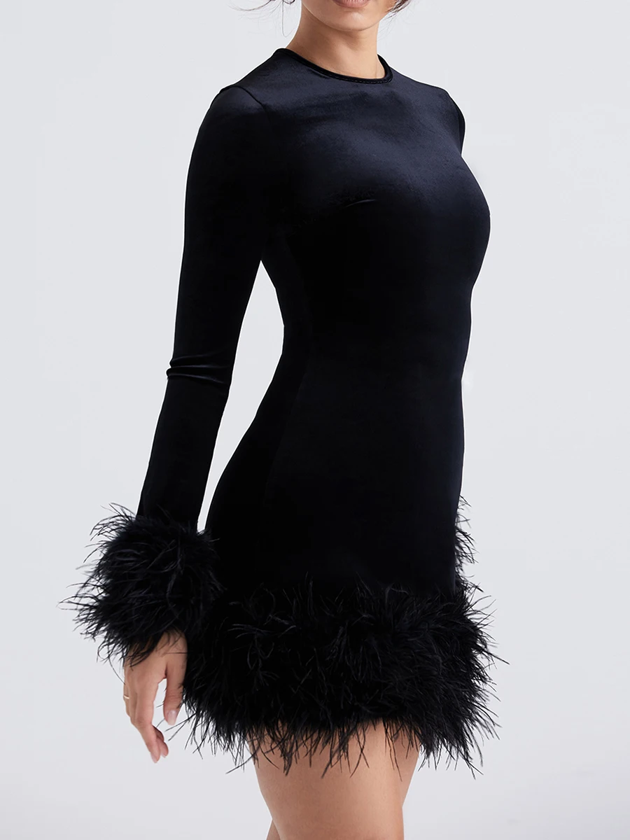 Sexy Feather Black Women Party Dresses Spring Autumn Long Sleeve Round Neck Mini Dress 2023 Female Elegant Club Evening Vestido