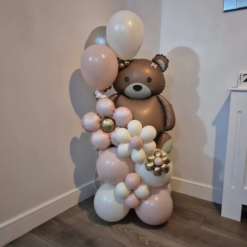 Brown Bear Balloon Set Flower Aluminum Film Balloon Pink Latex Balloon Ribbon Bow for Birthday and Wedding Decoration